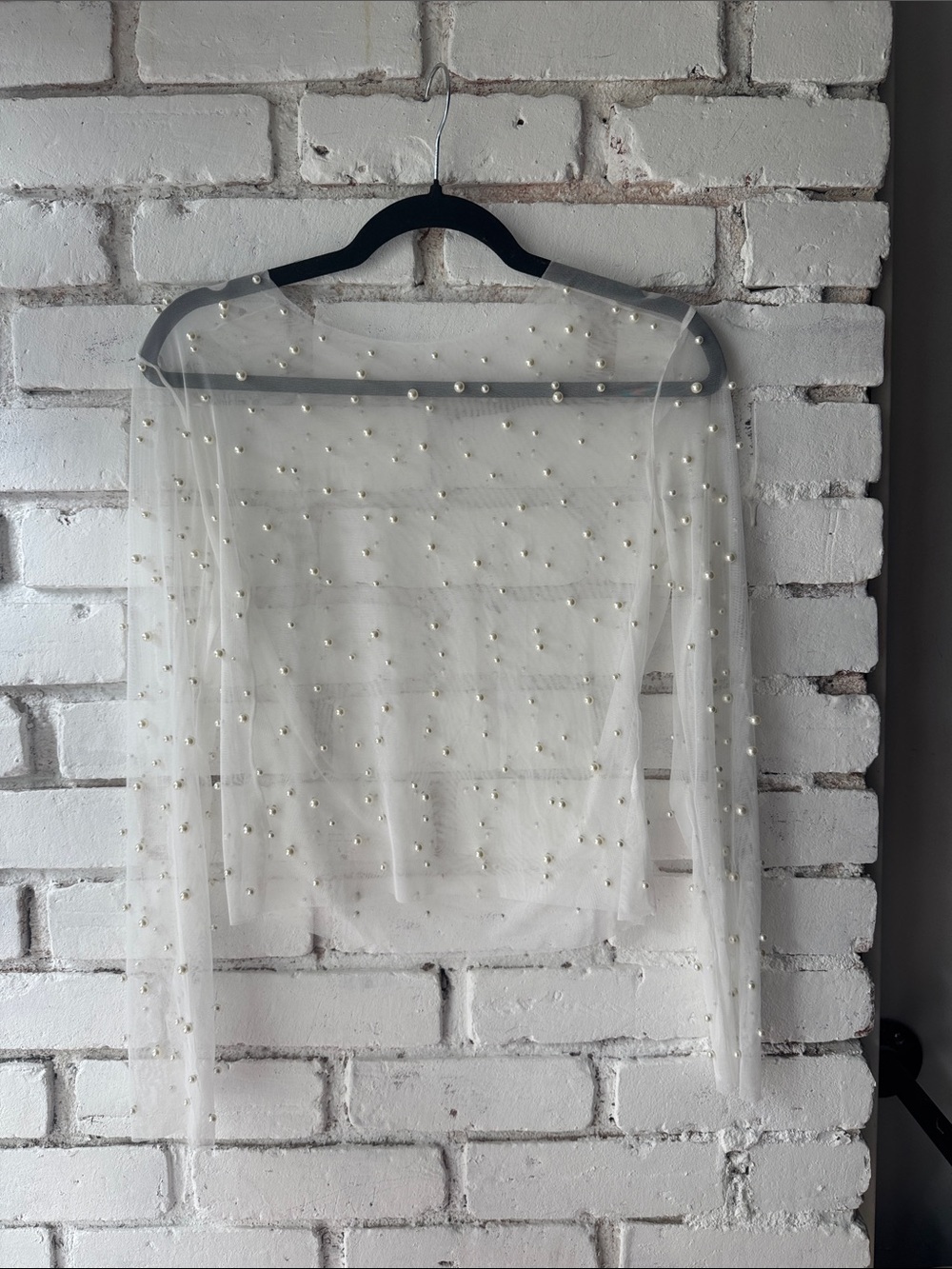 Sheer Pearl-Embellished Long Sleeve Top - Ivory mesh bridal longsleeve